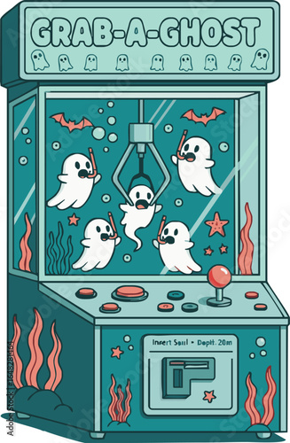 Cute cartoon ghosts in a claw machine game, Halloween themed, playful design.