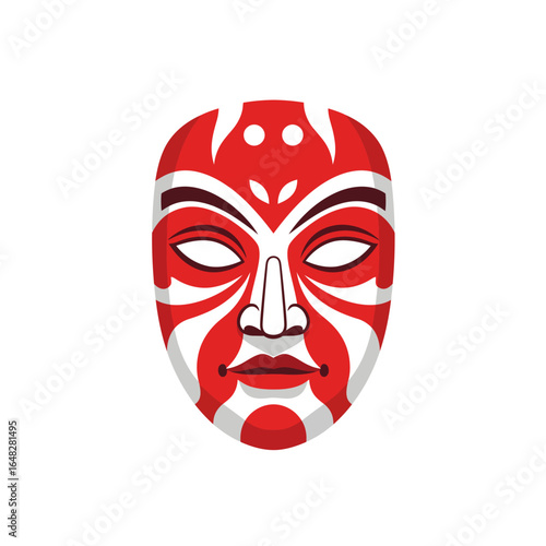 Vector illustration of a traditional cultural mask with bold red and white patterns for ceremonial and theatrical concepts.