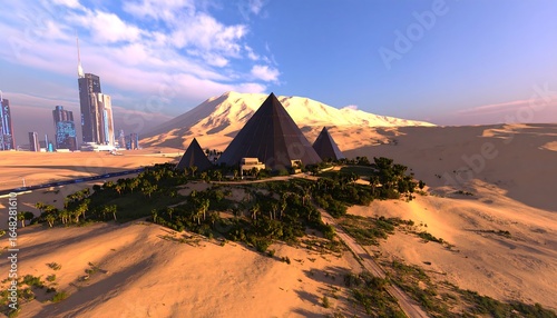 Futuristic pyramids in desert landscape