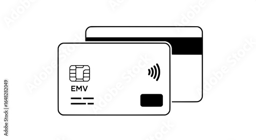 A sleek vector illustration of modern secure payment cards, front and back, highlighting EMV chip, contactless symbol, and magnetic stripe for financial transactions.