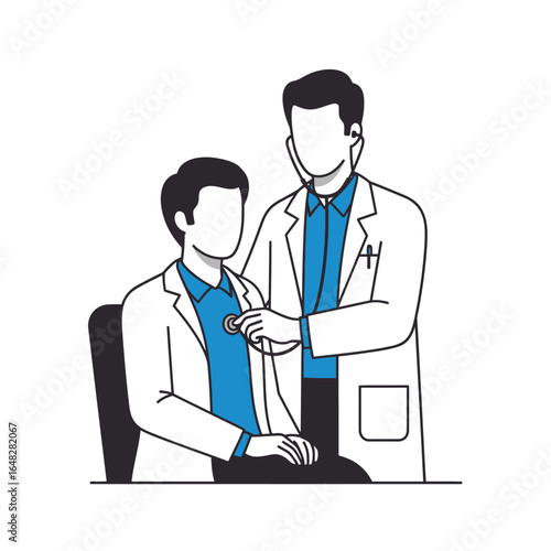 Minimalist line art illustration of a physician checking a seated patient with a stethoscope.