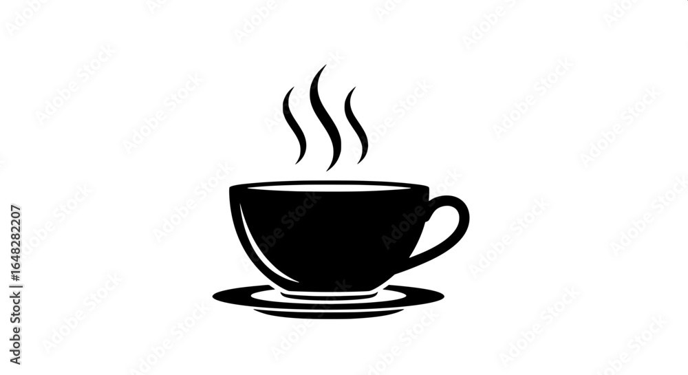 Monochrome vector icon of a steaming hot coffee cup on a saucer. Simple black silhouette illustration for a cafe, beverage, or morning break concept. Monochrome vector icon of a steaming hot coffee cup on a saucer. Simple black silhouette illustration for a cafe, beverage, or morning break concept.