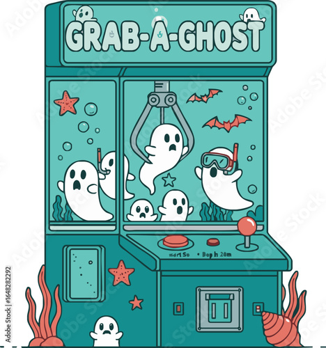 A whimsical illustration of an underwater 'Grab-A-Ghost' claw machine filled with cute cartoon ghosts.