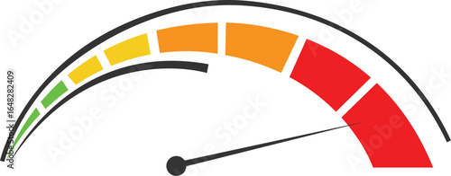 A speedometer graphic with a needle pointing towards the red zone, indicating high level or maximum capacity.