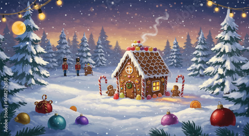 Gingerbread house in snowy forest