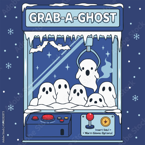 A cute cartoon claw machine game, "Grab-A-Ghost," filled with adorable white ghosts, set against a snowy blue background.