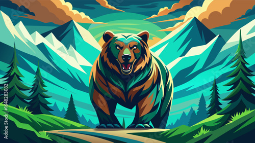 A stylized grizzly bear with vibrant green and brown fur, standing in a mountain landscape with pine trees. This illustration captures the raw power of wildlife and nature.
