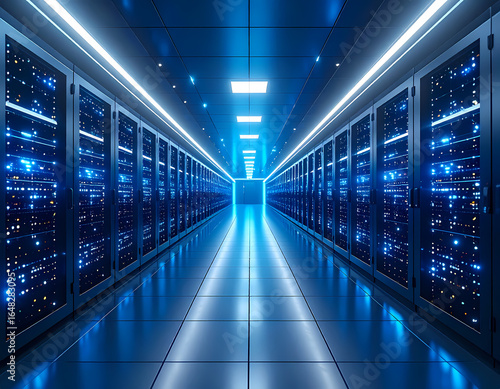 Data center server room hosting facility with blue lights and technology