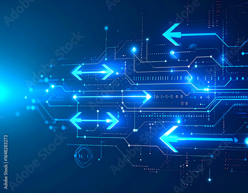 Blue technology circuit board with arrows for digital data transfer