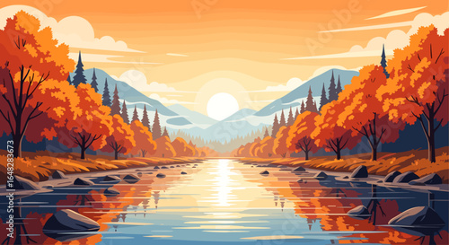 Serene autumn landscape with river reflecting sunrise and vibrant fall colors for peaceful nature escape