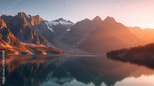 Tranquil mountain landscape with a mirror-like lake under soft morning light.