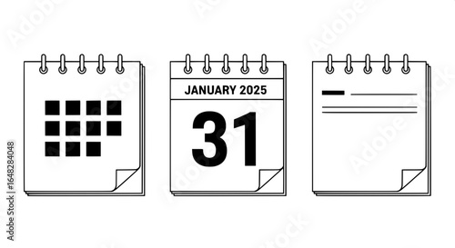 Calendar and schedule icon set in a minimalist outline style. Vector graphic elements for web and app design, featuring the date January 31, 2025.