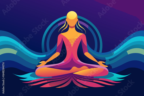 Vibrant figure meditating serenely amidst flowing abstract waves, radiating calm and inner peace