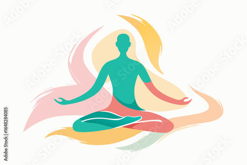 Serene person meditating in lotus pose surrounded by vibrant abstract brushstrokes promoting mindfulness and calm