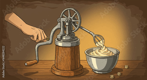 Hand-cranked mixer whips cream into a bowl on wooden table