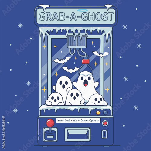 A whimsical claw machine filled with cute, surprised ghosts and bats, encased in ice and snow, under a starry night sky.