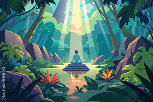Serene figure meditates in a vibrant jungle oasis bathed in golden sunlight, finding peace.