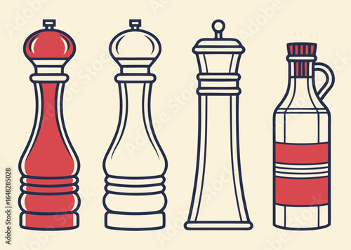 Red and white spice grinders and bottle salt shaker pepper mill