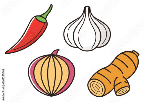 Red chili garlic yellow onion ginger root red chili pepper garlic bulb
