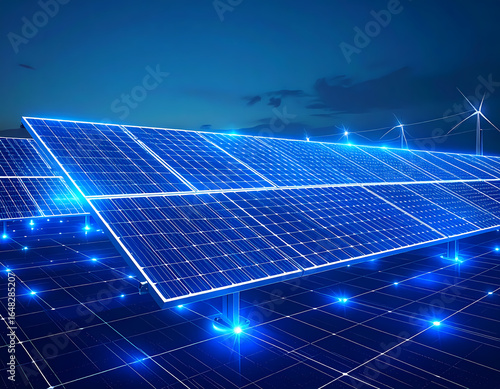 Solar panel farm renewable energy clean energy green energy wind turbines
