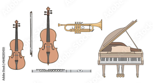 An illustrated collection of classical musical instruments. Set of isolated orchestra icons including grand piano, violin, cello, trumpet and flute.
