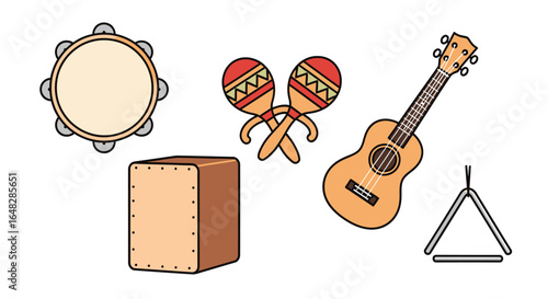 Set of assorted musical instruments illustration, featuring acoustic ukulele, cajon, tambourine, maracas, and triangle