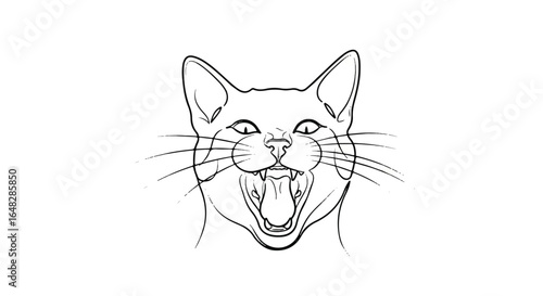 Line art drawing of a cat's face with open mouth