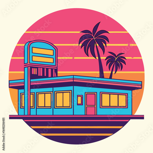 Retro diner with palm trees and sunset vintage