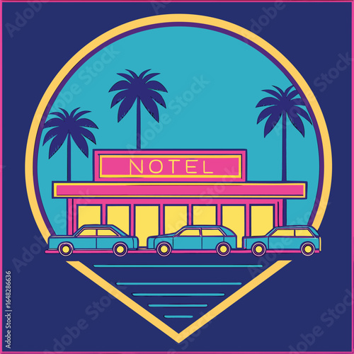 Retro motel scene with palm trees and cars neon