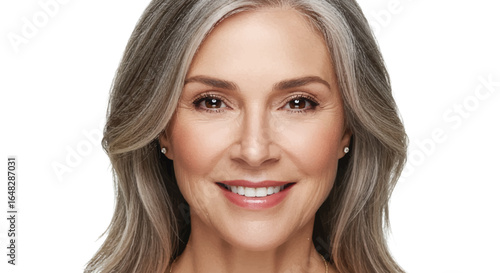 Mature woman, gray hair, smiling