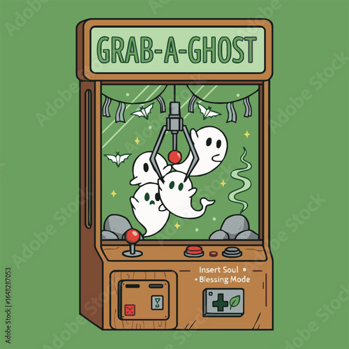 A cartoon claw machine labeled "Grab-A-Ghost" attempts to capture white ghosts amidst stars, origami bats, and smoke.
