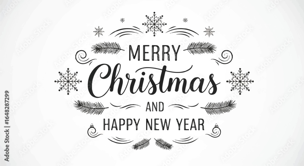 Naklejka premium Monochrome Christmas greeting with snowflakes and feathers