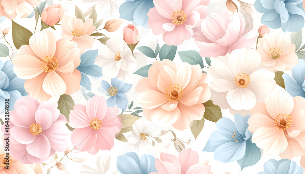 Fototapeta premium Seamless pattern of pastel-colored flowers, delicate watercolor style, on light background.