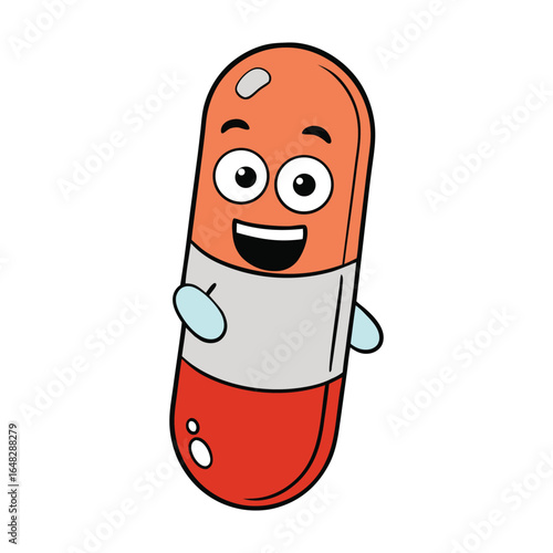 A colorful, playful cartoon pill with a friendly face, bright eyes, and a cheerful smile, perfect for health, medicine, or fun educational designs.
