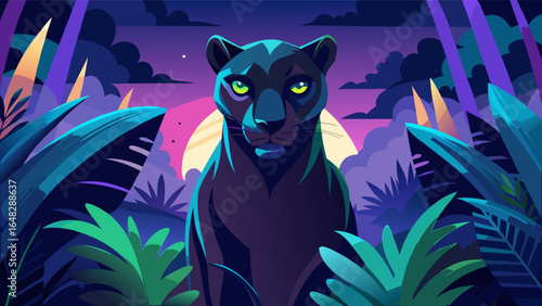 A stylized black panther with piercing yellow eyes, partially hidden by large tropical leaves at night. This illustration captures the mystery and power of jungle wildlife.