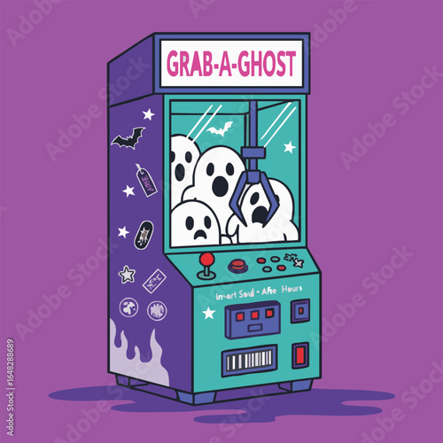 A cartoon illustration of a 'Grab-A-Ghost' claw machine trying to catch a scared ghost.