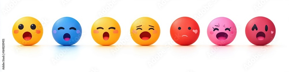 Fototapeta premium Seven colorful spherical emoticons expressing different emotions on a white reflective surface
