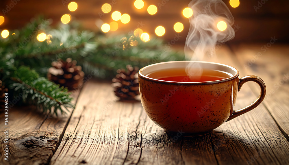 Fototapeta premium Steaming cup of tea with Christmas decorations on a wooden table.