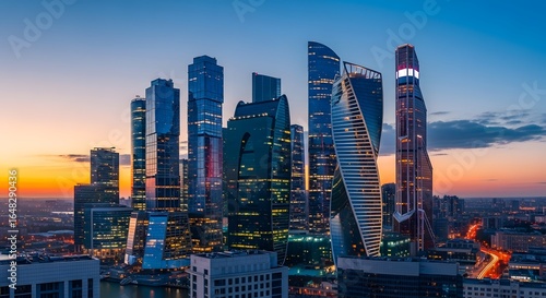 Wallpaper Mural Moscow's modern skyline at sunset, showcasing a cluster of illuminated skyscrapers against a vibrant twilight sky. Torontodigital.ca