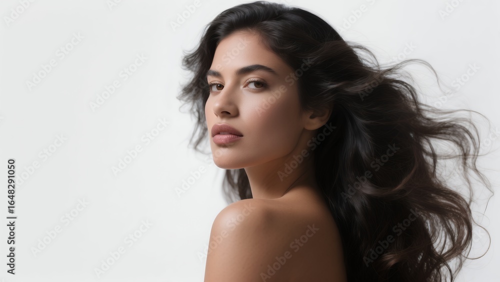 Fototapeta premium Hispanic woman with long healthy hair flowing, haircare beauty concept