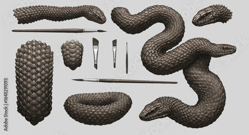 Pixel art snake parts, body, heads, and tails, along with paintbrushes