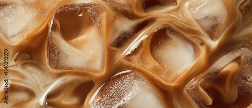 a refreshing iced coffee, a macro and full-frame texture shot, close-up texture, top view