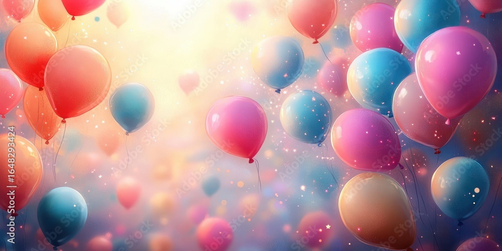 Colorful balloons floating upwards against a bright sky filled with soft glowing light and sparkling particles, evoking a joyful and celebratory atmosphere Colorful balloons floating upwards against a bright sky filled with soft glowing light and sparkling particles, evoking a joyful and celebratory atmosphere
