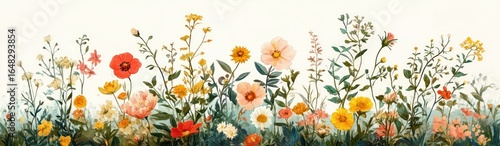 Wildflowers in various colors including red, yellow, pink, and white growing densely with green leafy stems against a light background expressing natural beauty and calm