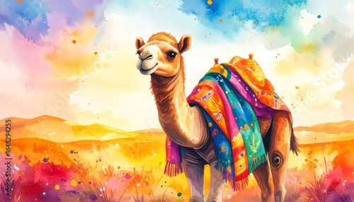 Baby camel wearing a colorful desert blanket and smiling under the sun