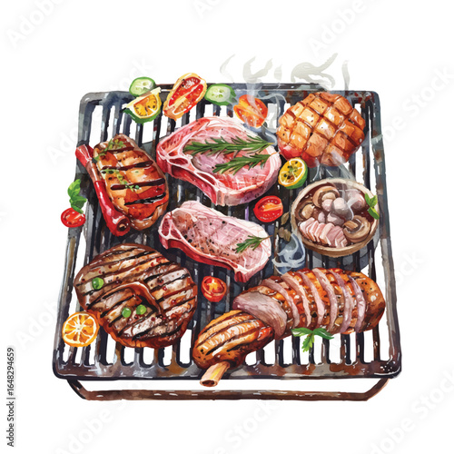 Grilled Meat Vector Illustration on Grill with Vegetables and Herbs Design