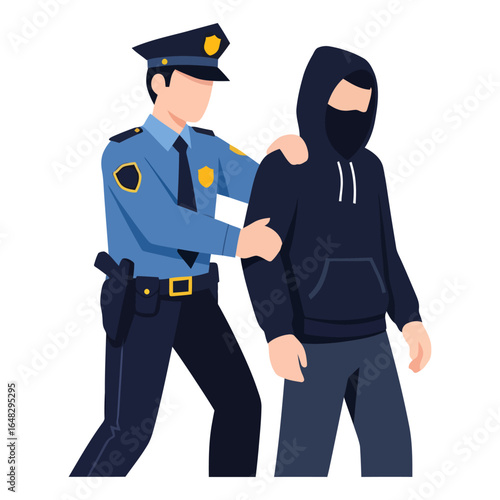 Policeman apprehending hooded suspect law enforcement arresting a criminal.