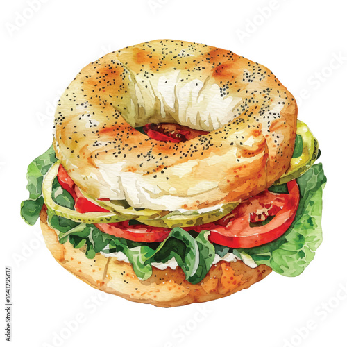 Watercolor Vector Bagel Sandwich Illustration with Vegetables and Cream Cheese Art