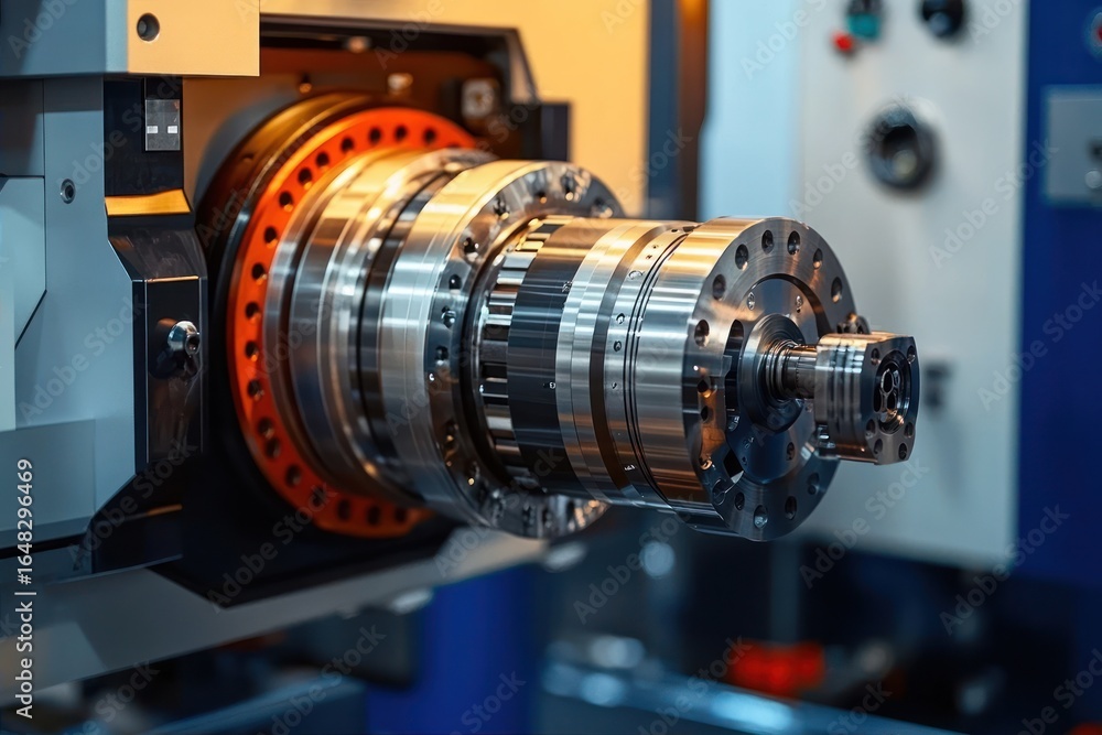 Fototapeta premium close-up of a shiny metallic industrial machine component with multiple cylindrical sections and bolts inside a modern manufacturing environment