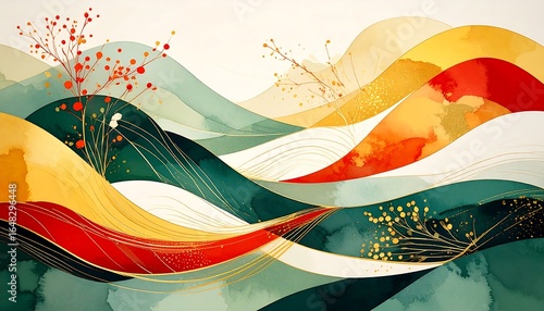 Abstract landscape with flowing lines and floral accents